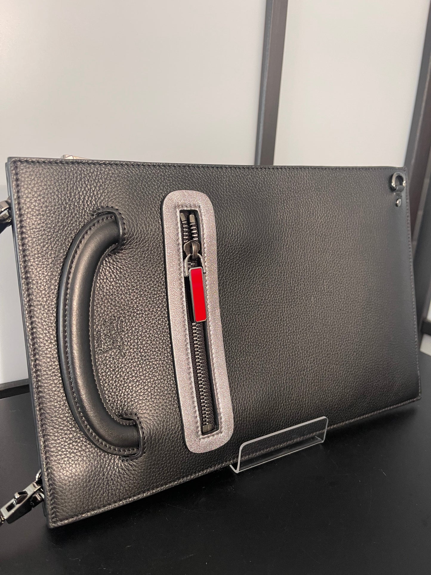 Pre-Owned Christian Louboutin Black Studded Trictrac Portfolio 2 Way Bag