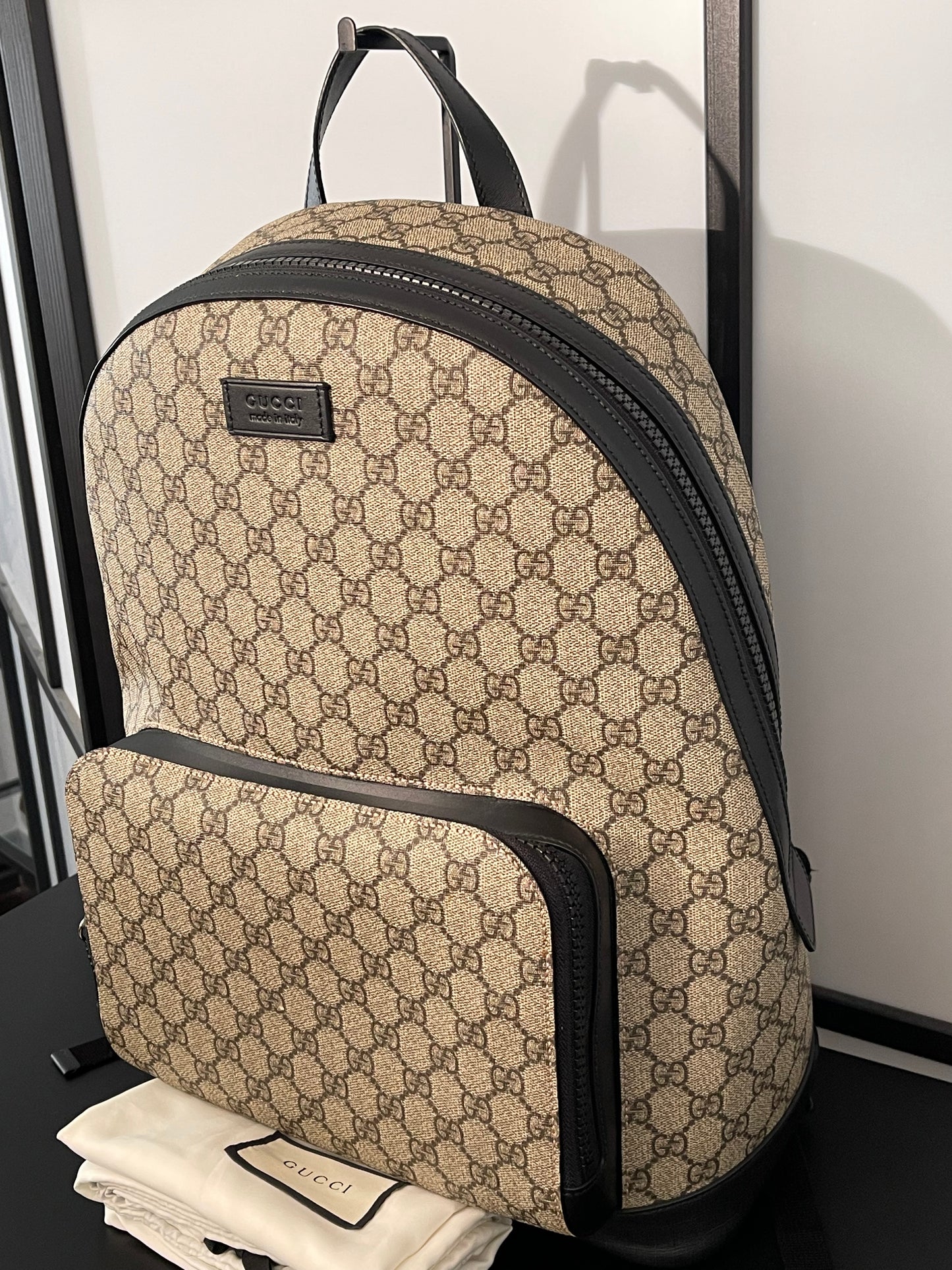 Pre-Owned Gucci GG Supreme Black and Brown Coated Canvas Backpack