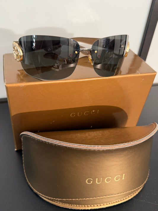 Gucci Rimless Shield GG Gold Brown Tone Sunglasses 2833/S with Original Box and Case