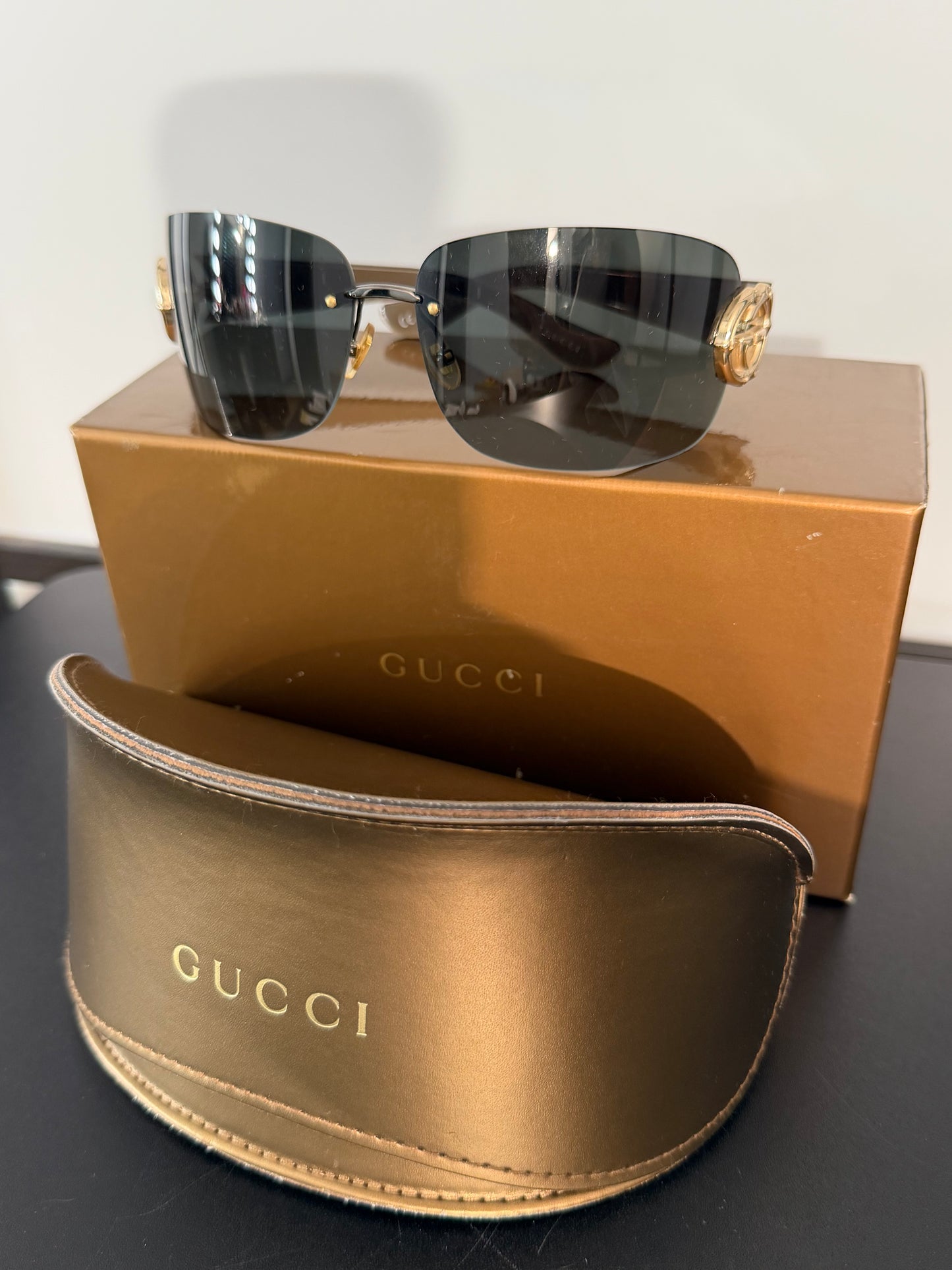 Gucci Rimless Shield GG Gold Brown Tone Sunglasses 2833/S with Original Box and Case