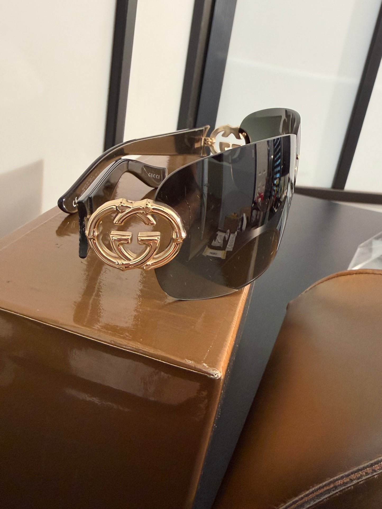 Gucci Rimless Shield GG Gold Brown Tone Sunglasses 2833/S with Original Box and Case