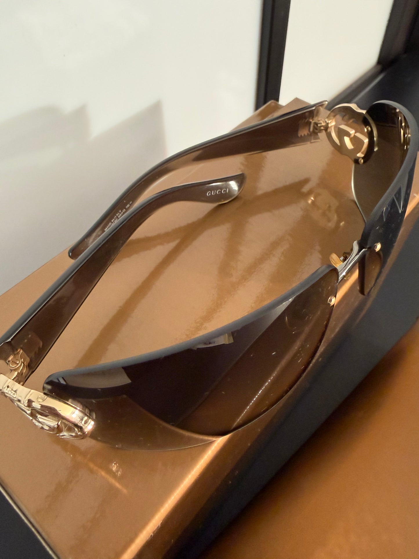 Gucci Rimless Shield GG Gold Brown Tone Sunglasses 2833/S with Original Box and Case