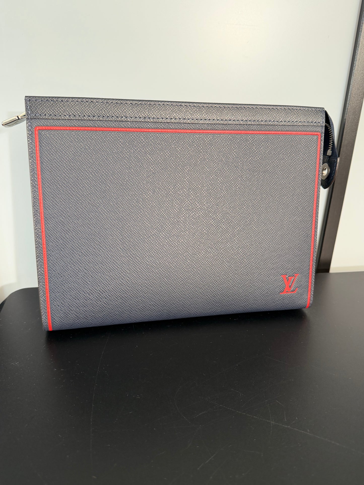 Louis Vuitton Pre-Owned Blue Taiga Leather Voyage MM Pouch with Red Stitching and Zip Closure