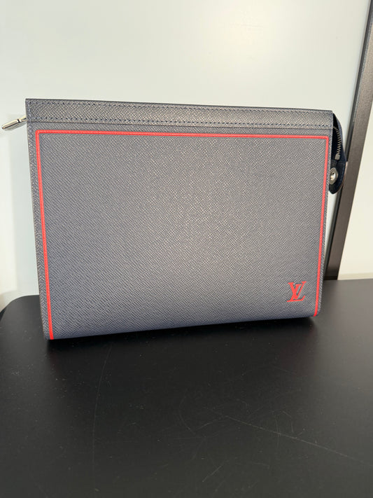 Louis Vuitton Pre-Owned Blue Taiga Leather Voyage MM Pouch with Red Stitching and Zip Closure