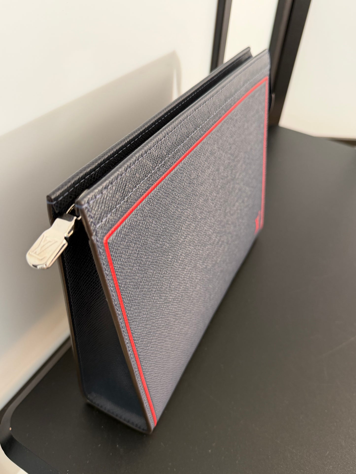 Louis Vuitton Pre-Owned Blue Taiga Leather Voyage MM Pouch with Red Stitching and Zip Closure