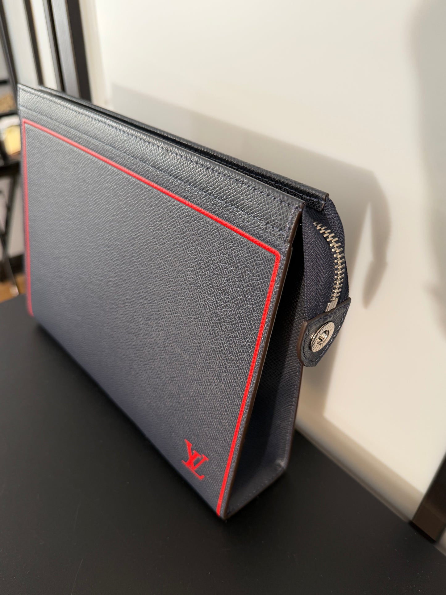 Louis Vuitton Pre-Owned Blue Taiga Leather Voyage MM Pouch with Red Stitching and Zip Closure