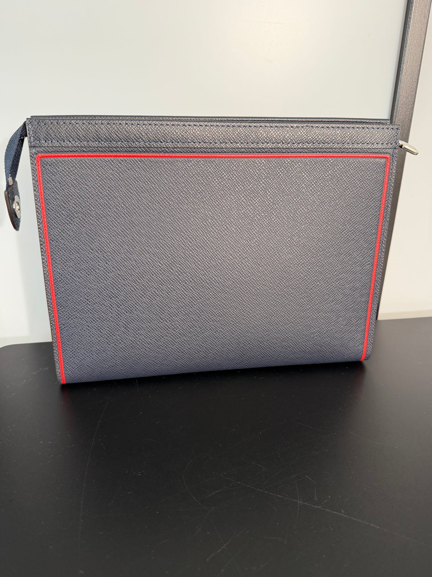 Louis Vuitton Pre-Owned Blue Taiga Leather Voyage MM Pouch with Red Stitching and Zip Closure