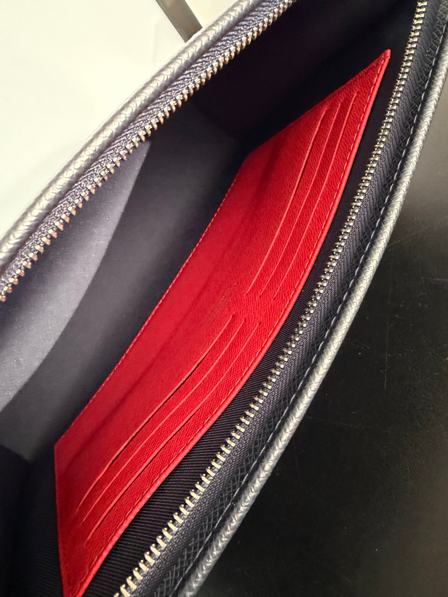 Louis Vuitton Pre-Owned Blue Taiga Leather Voyage MM Pouch with Red Stitching and Zip Closure