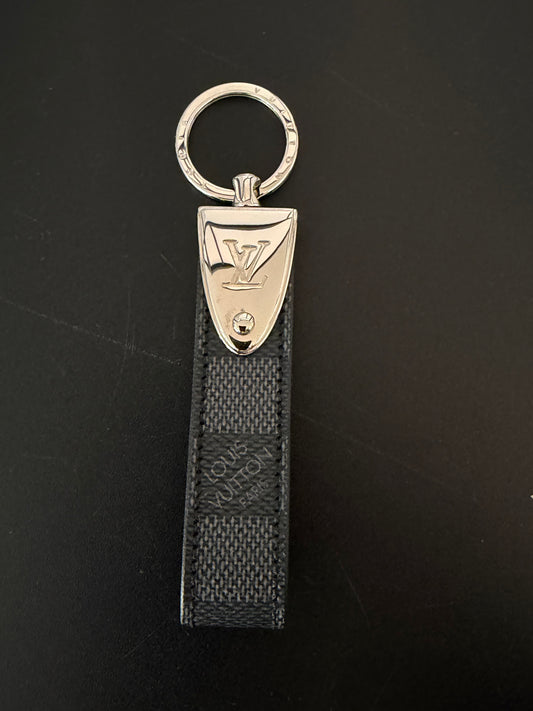 Louis Vuitton Pre-Owned Black Leather Damier Graphite Dragonne LV Key Charm with Classic Logo