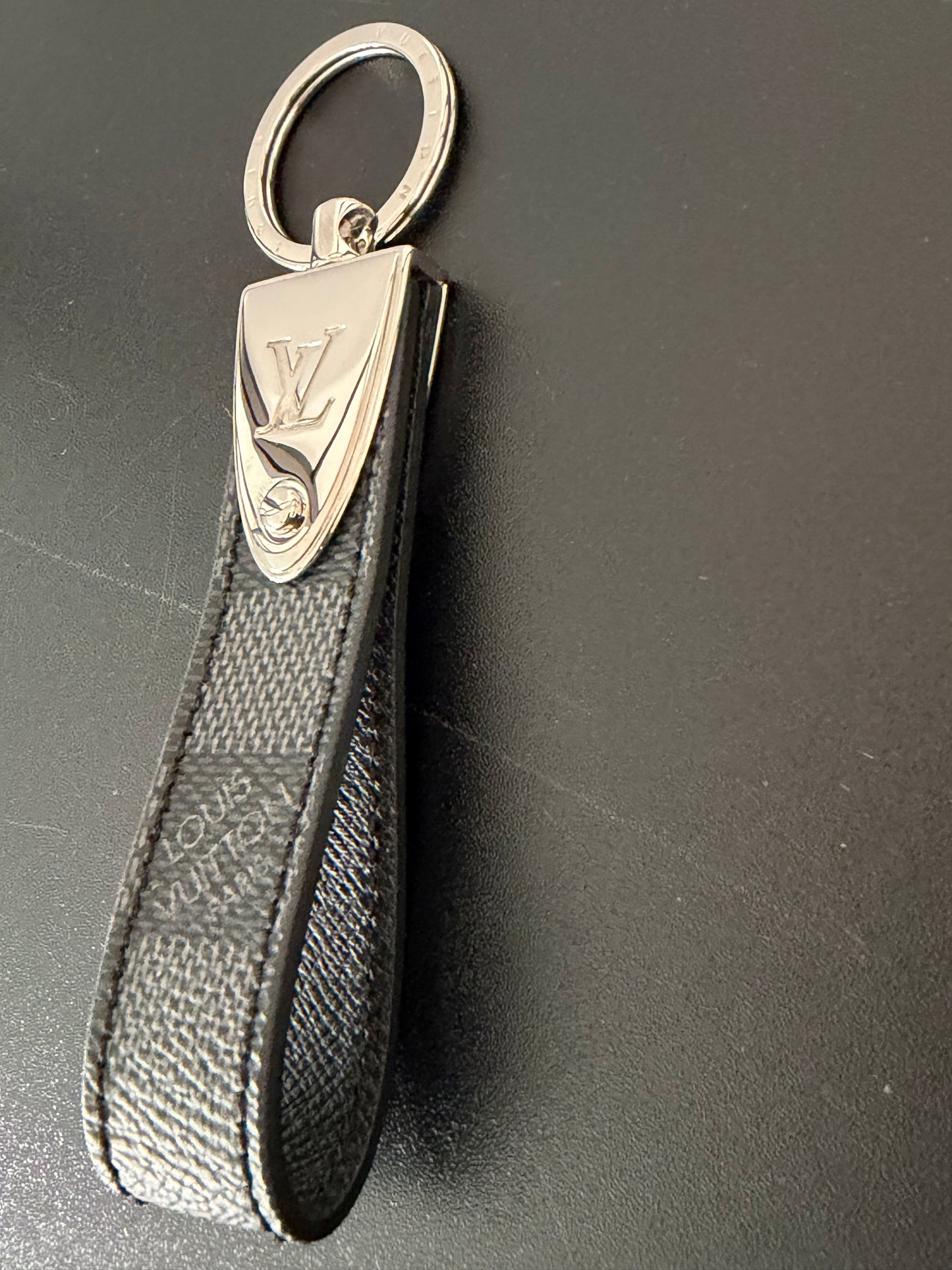 Louis Vuitton Pre-Owned Black Leather Damier Graphite Dragonne LV Key Charm with Classic Logo