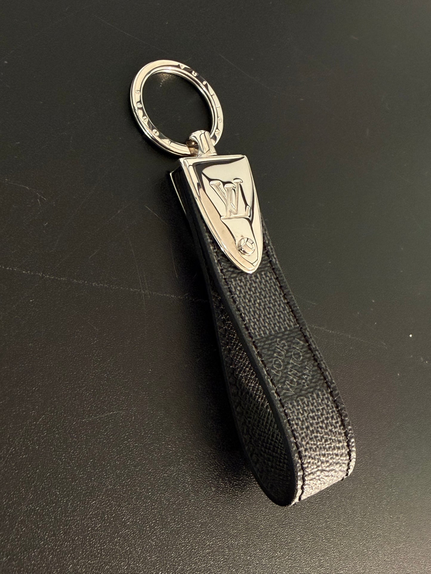Louis Vuitton Pre-Owned Black Leather Damier Graphite Dragonne LV Key Charm with Classic Logo