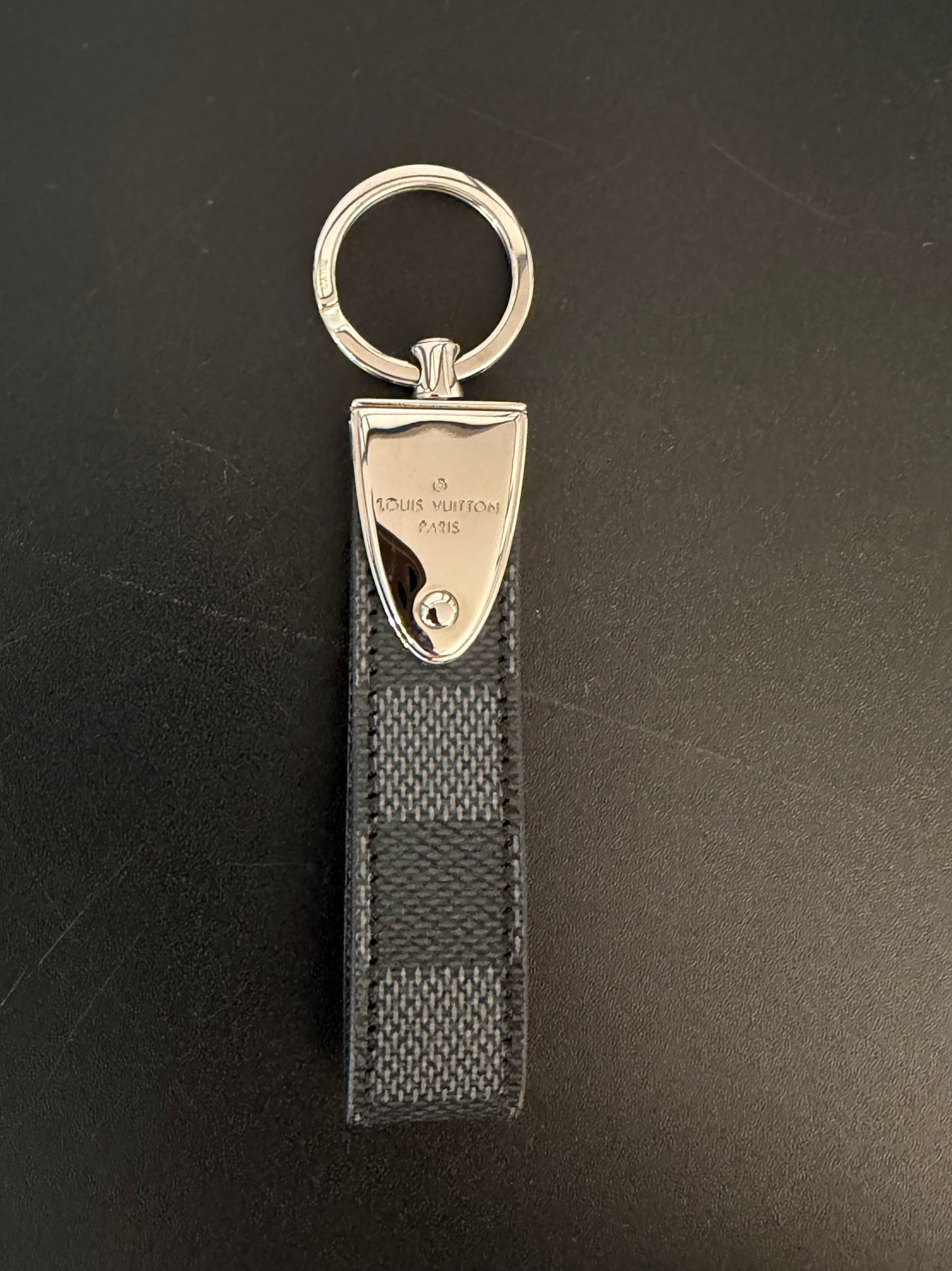 Louis Vuitton Pre-Owned Black Leather Damier Graphite Dragonne LV Key Charm with Classic Logo