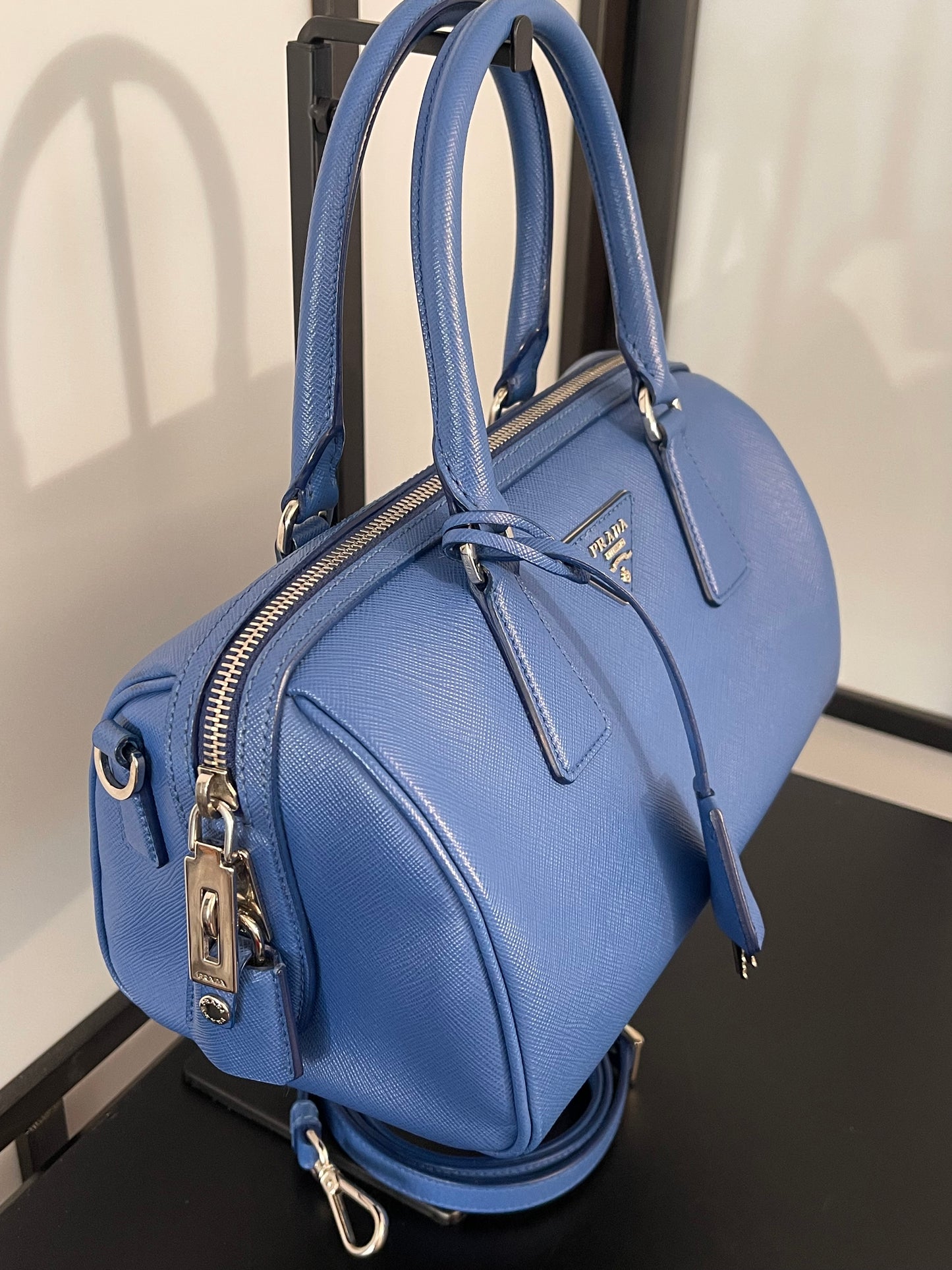 Pre-Owned Prada Blue Saffiano Bauletto Boston Hand Bag