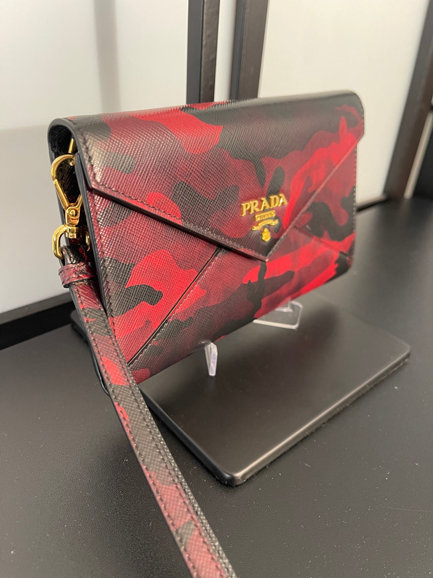 Red Black Saffiano Camoflage Envelope Wristlet