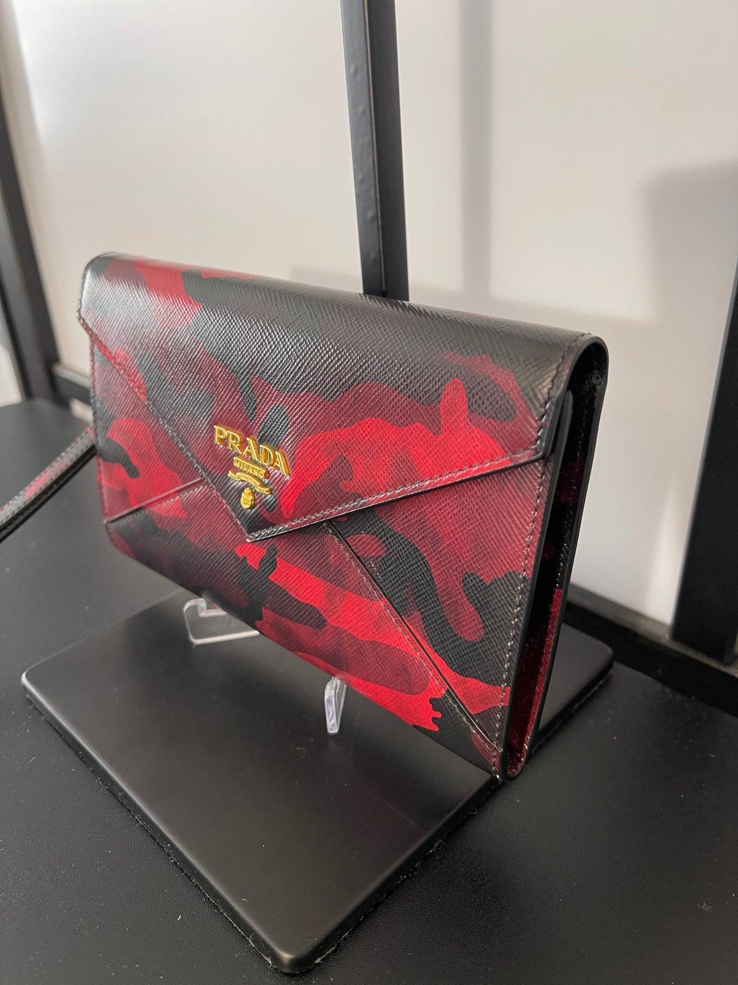Red Black Saffiano Camoflage Envelope Wristlet
